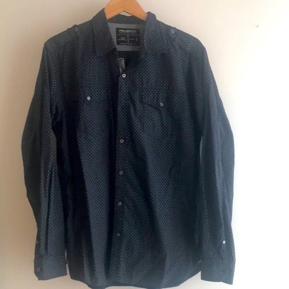 ProjekRaw navy/black patterned shoulder detail contrast cuff front pocket EUC - Picture 2 of 13